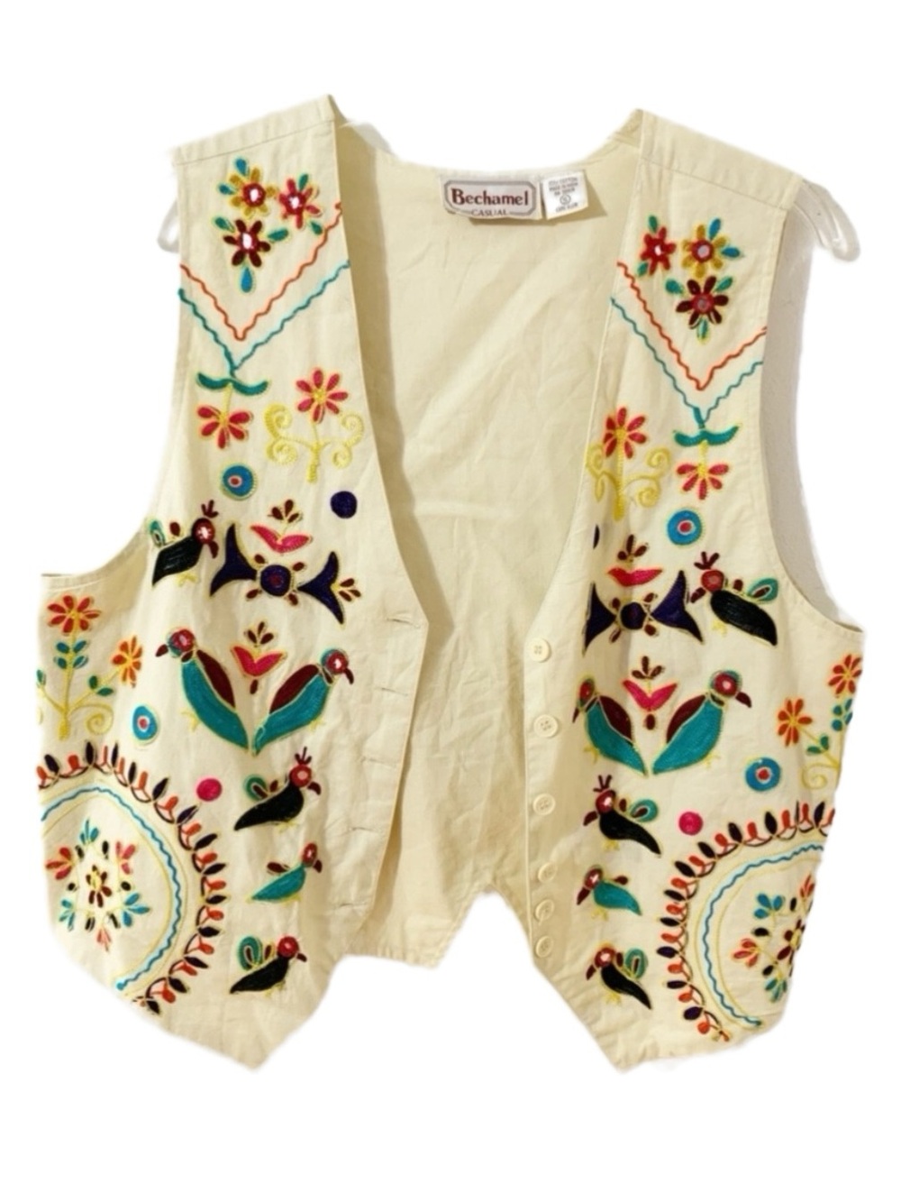 Vintage Bechamel Folk Art Embroidered Cotton Vest Boho Cottagecore Embroidered